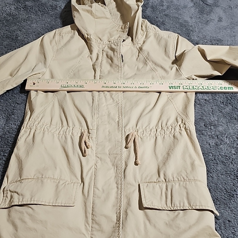 Love Tree Beige Cinched Trench Coat Jacket Zip Button Hood Pockets Cotton Size S - Picture 8 of 10
